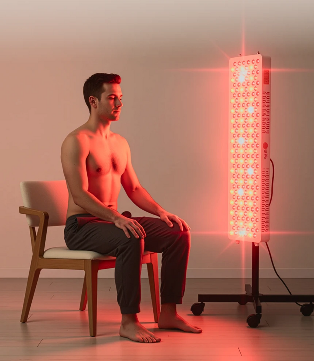 A shirtless man sits on a chair in a minimalist room, eyes closed, facing a glowing red light therapy panel. The scene conveys calm and relaxation.